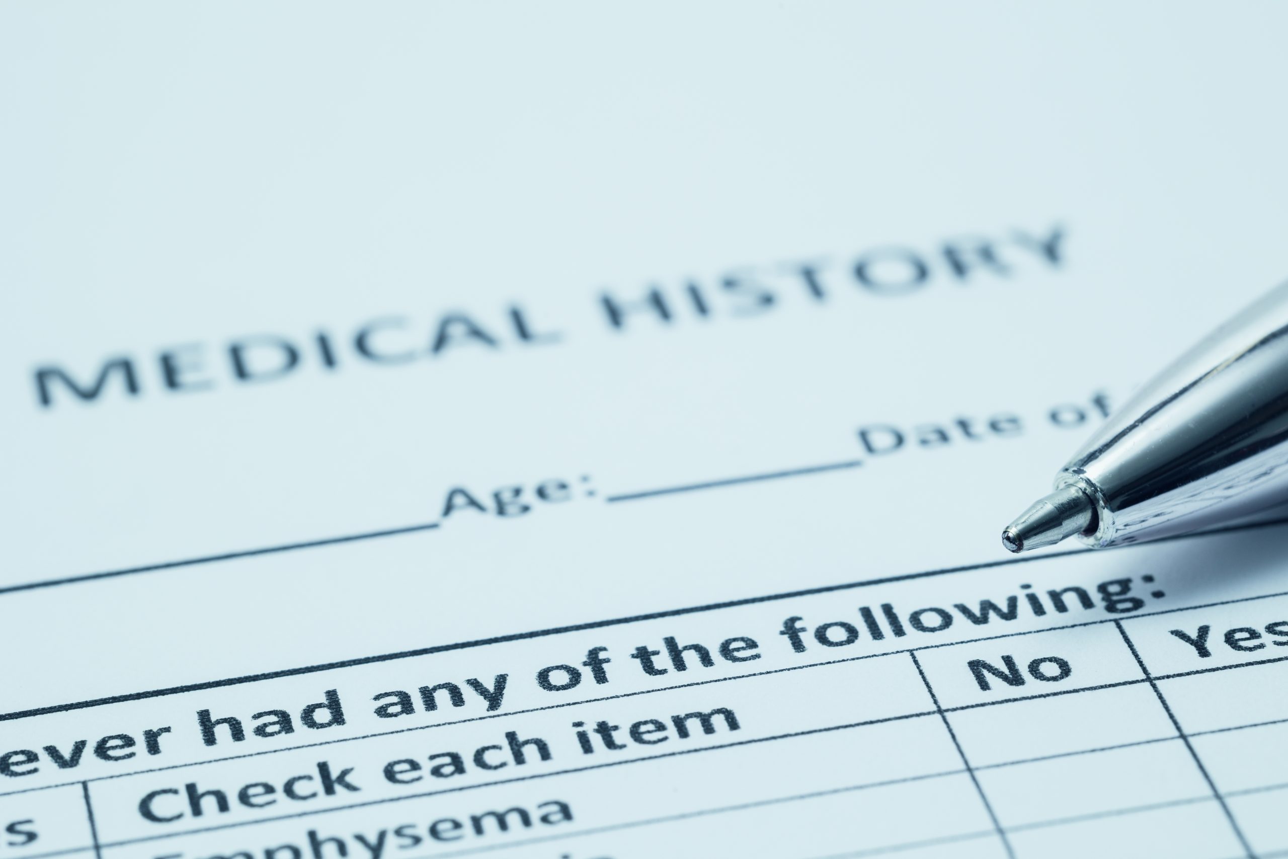 Medical history form used during a comprehensive health screening and medical consultation at Evercare Medical Care Centre in Penang.