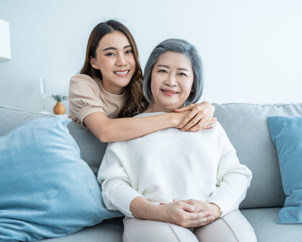 Portrait,Of,Asian,Lovely,Family,,Young,Daughter,Hugging,Older,Mother.